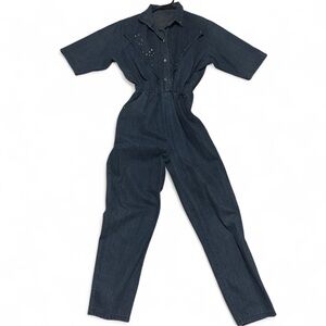 VTG Denim Jumpsuit Studded Button Front Elastic Waist Women’s S/M 80s Pockets